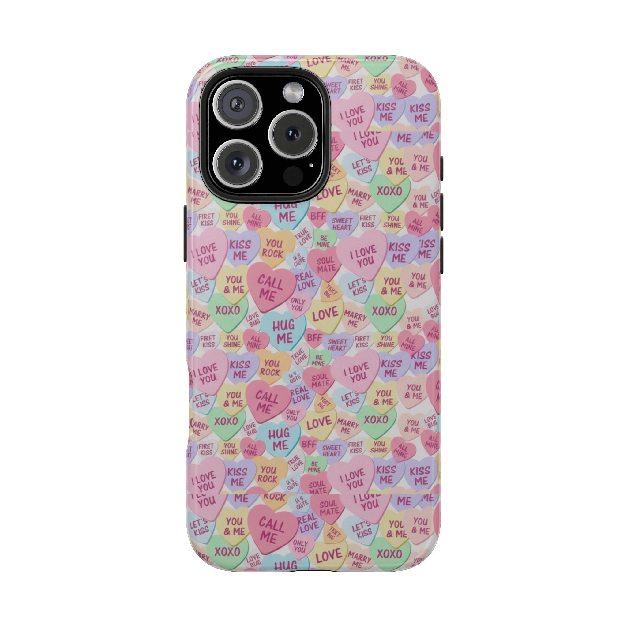 Conversation Heart Pattern Phone Case | Candy Heart Design, Pastel Love Sayings