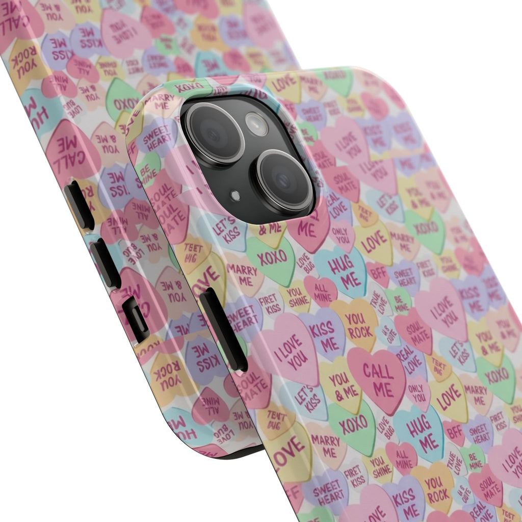 Conversation Heart Pattern Phone Case | Candy Heart Design, Pastel Love Sayings