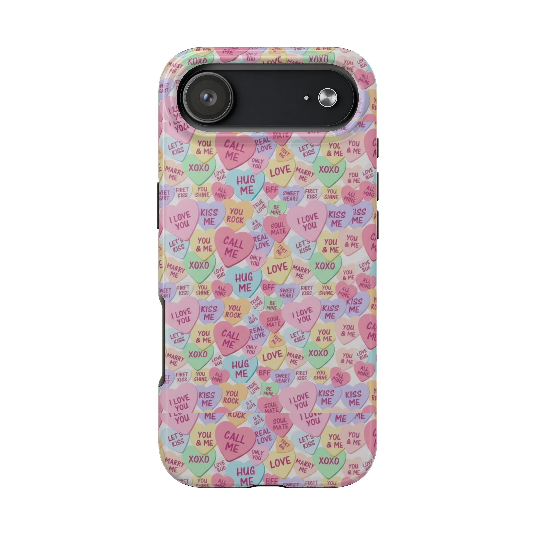Conversation Heart Pattern Phone Case | Candy Heart Design, Pastel Love Sayings