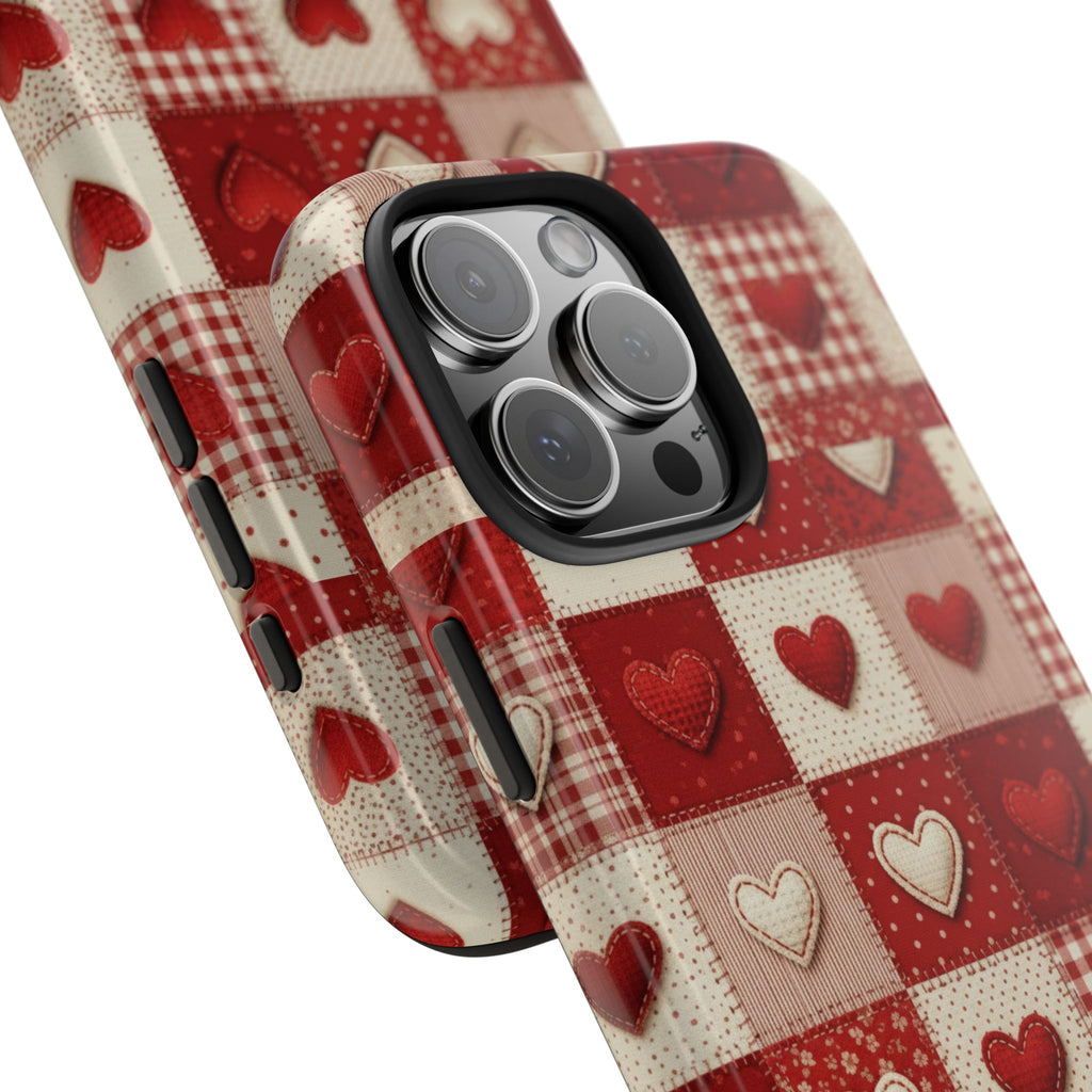 Patchwork Heart Phone Case | Tough Phone Case, Red Valentine Pattern