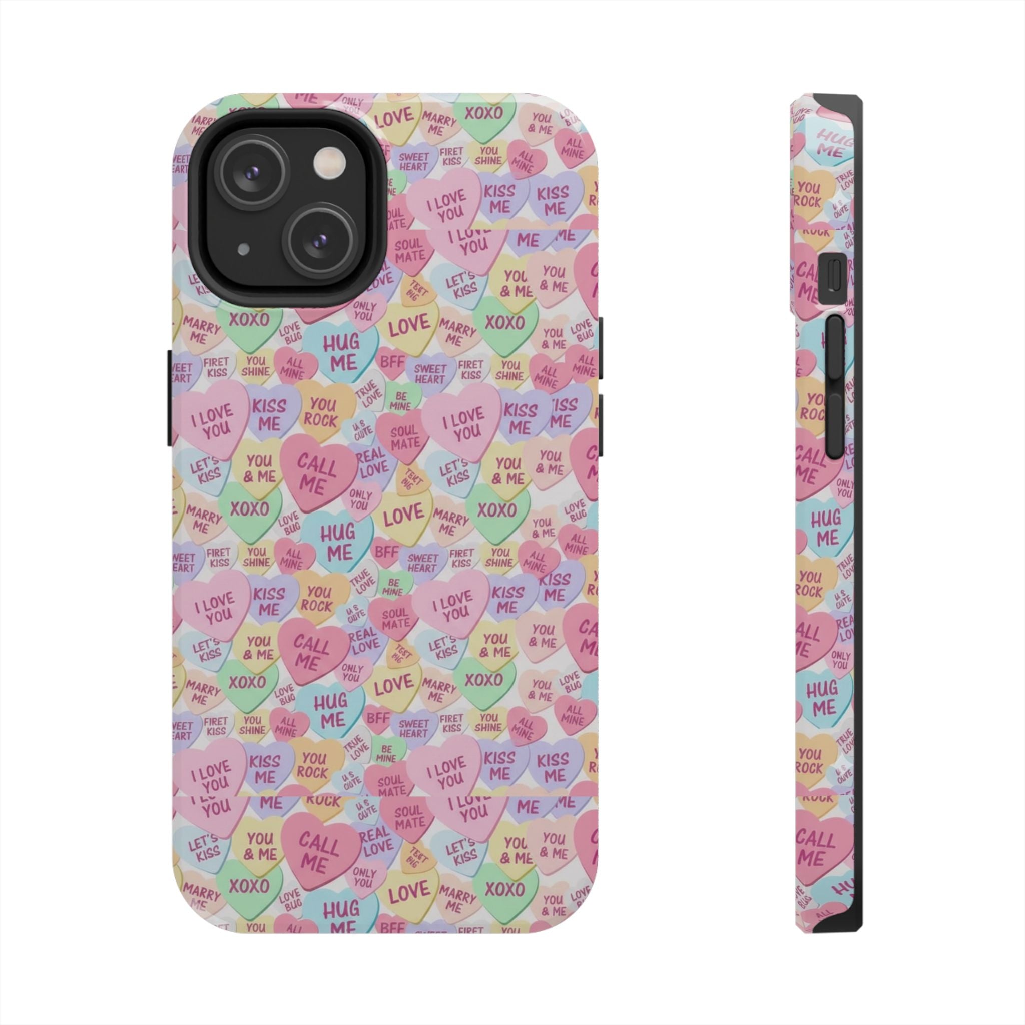Conversation Heart Pattern Phone Case | Candy Heart Design, Pastel Love Sayings