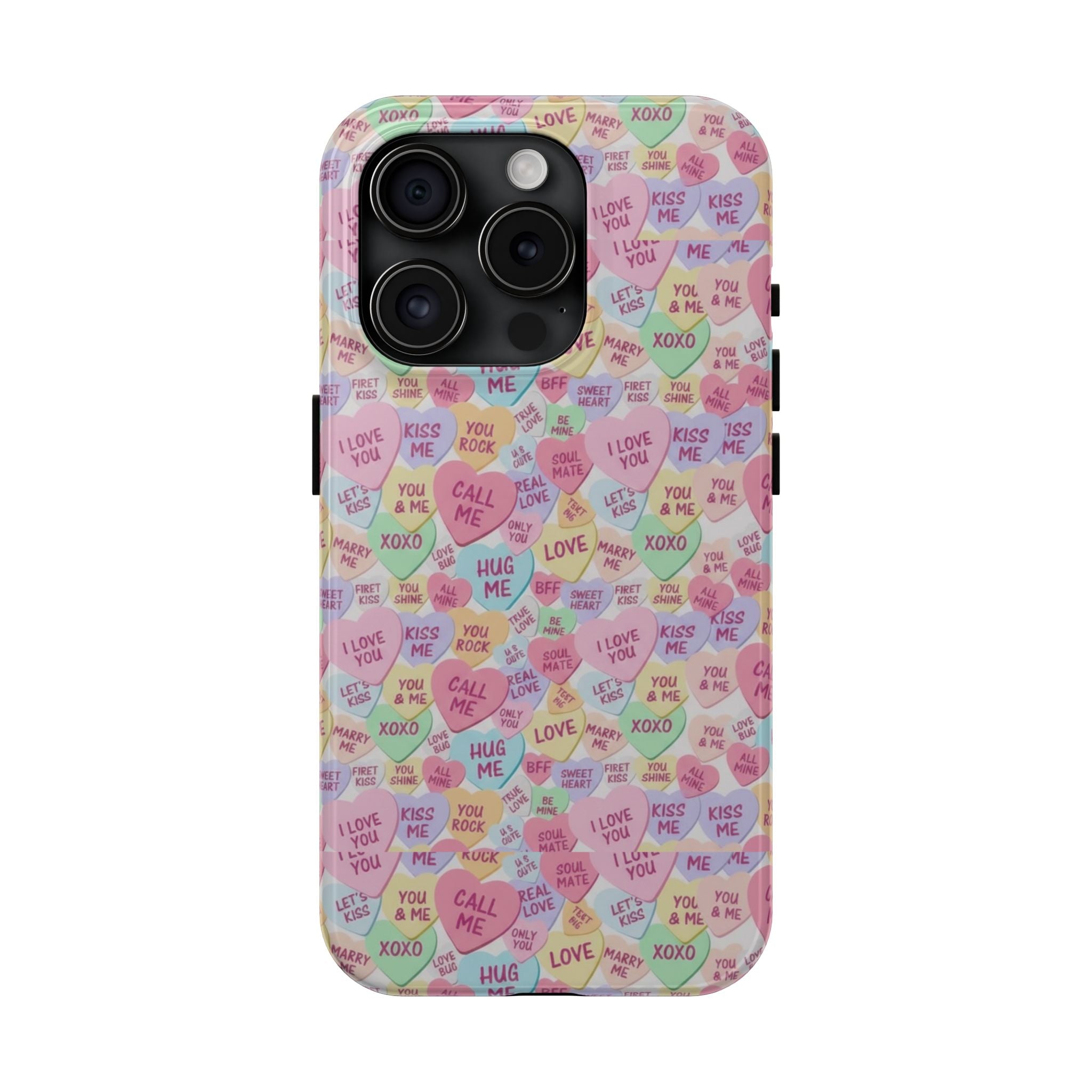 Conversation Heart Pattern Phone Case | Candy Heart Design, Pastel Love Sayings