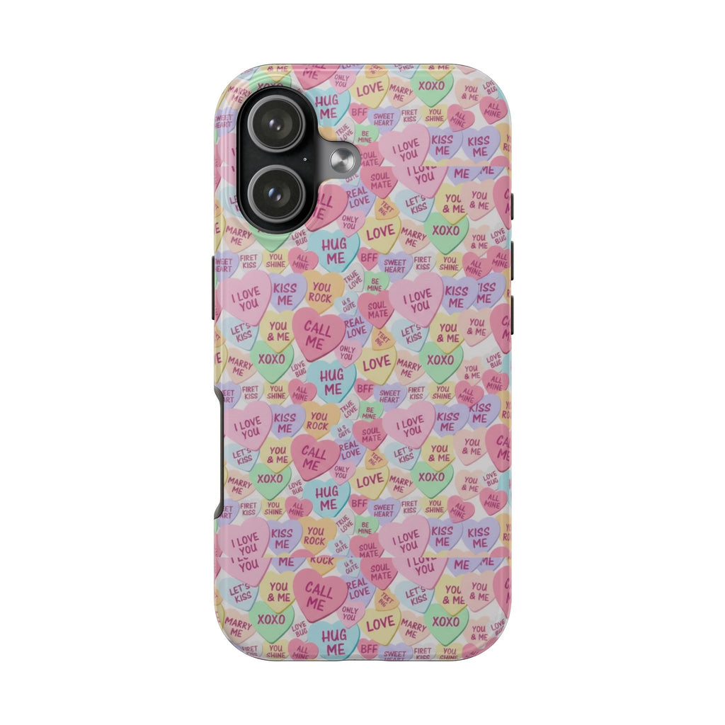Conversation Heart Pattern Phone Case | Candy Heart Design, Pastel Love Sayings