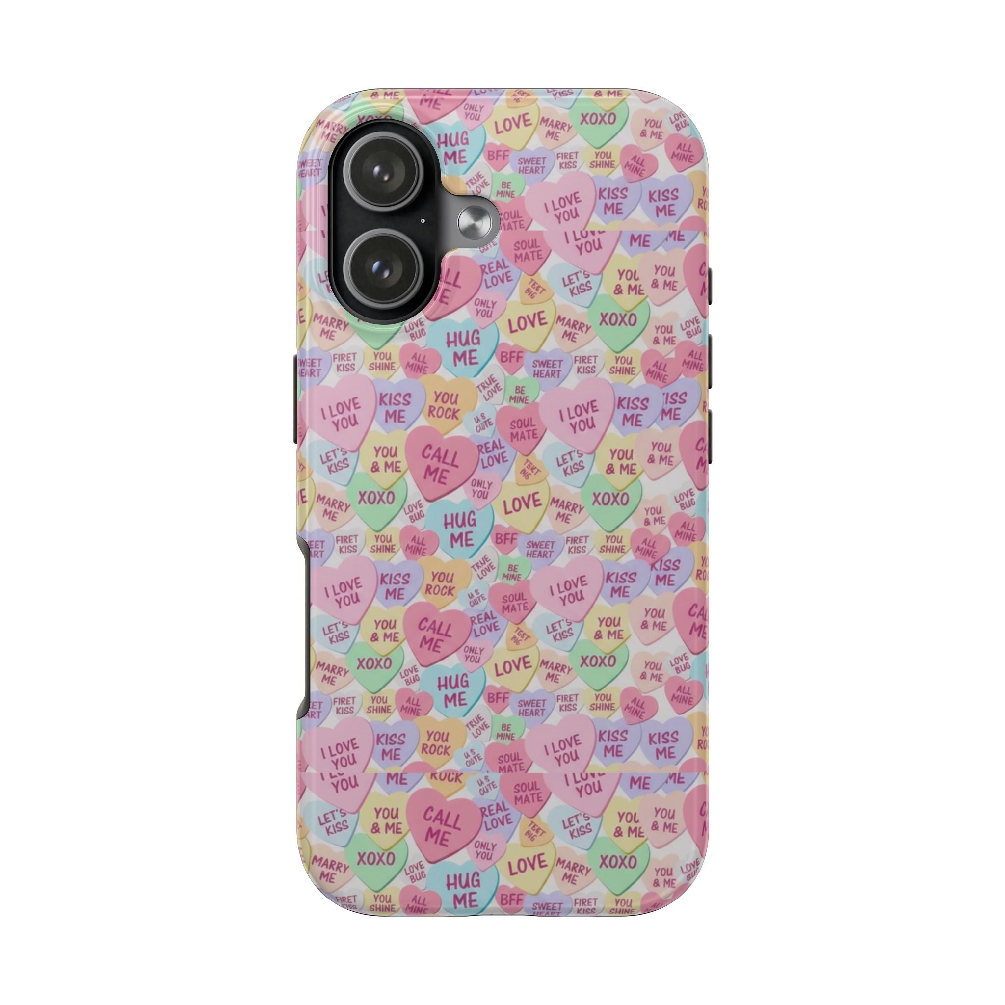 Conversation Heart Pattern Phone Case | Candy Heart Design, Pastel Love Sayings