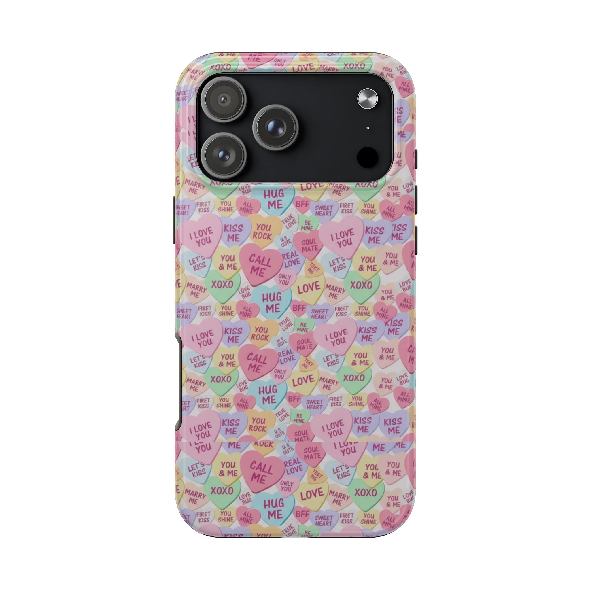 Conversation Heart Pattern Phone Case | Candy Heart Design, Pastel Love Sayings