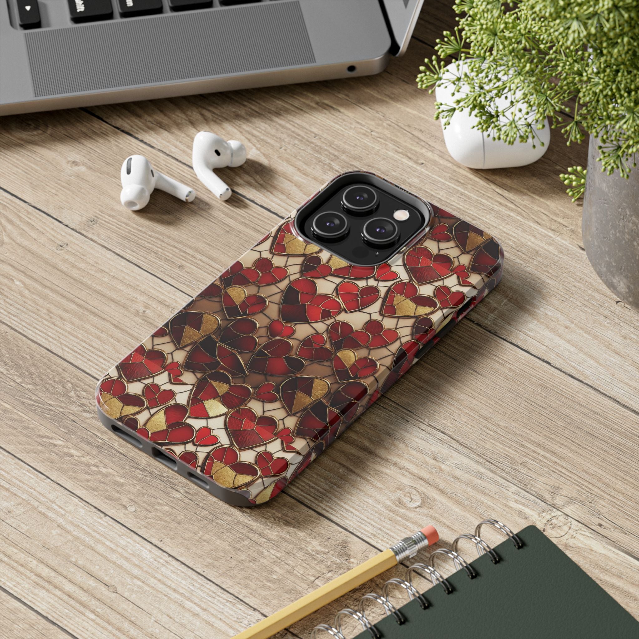 Stained Glass Red Hearts Phone Case | Tough Phone Case