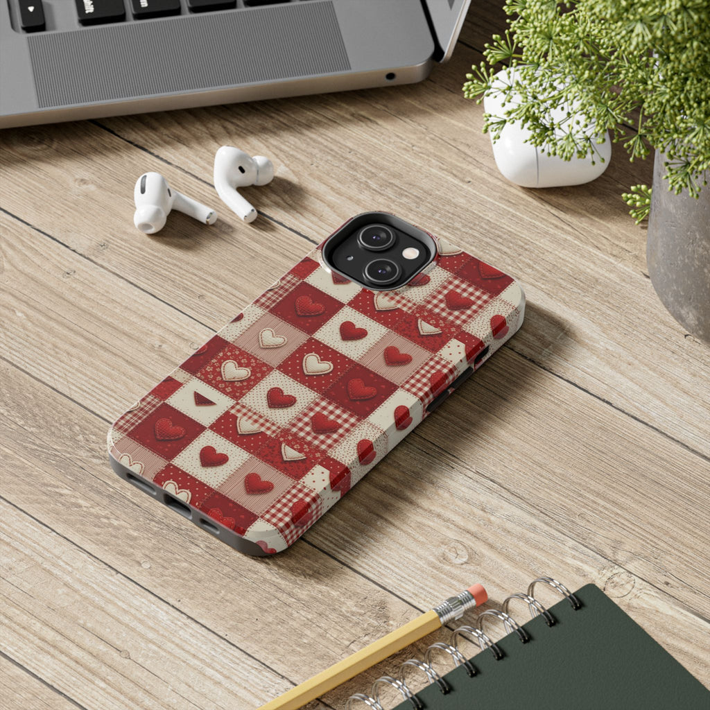 Patchwork Heart Phone Case | Tough Phone Case, Red Valentine Pattern