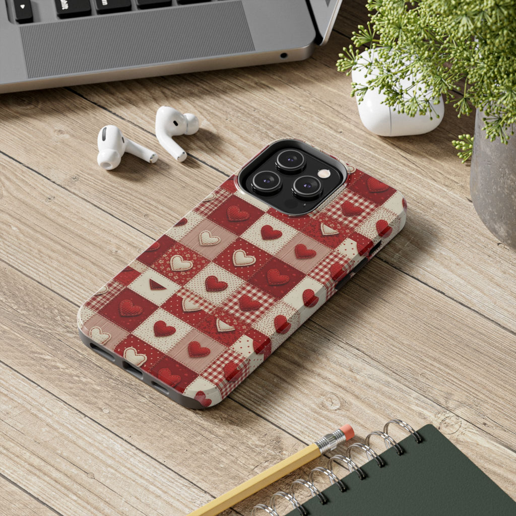 Patchwork Heart Phone Case | Tough Phone Case, Red Valentine Pattern