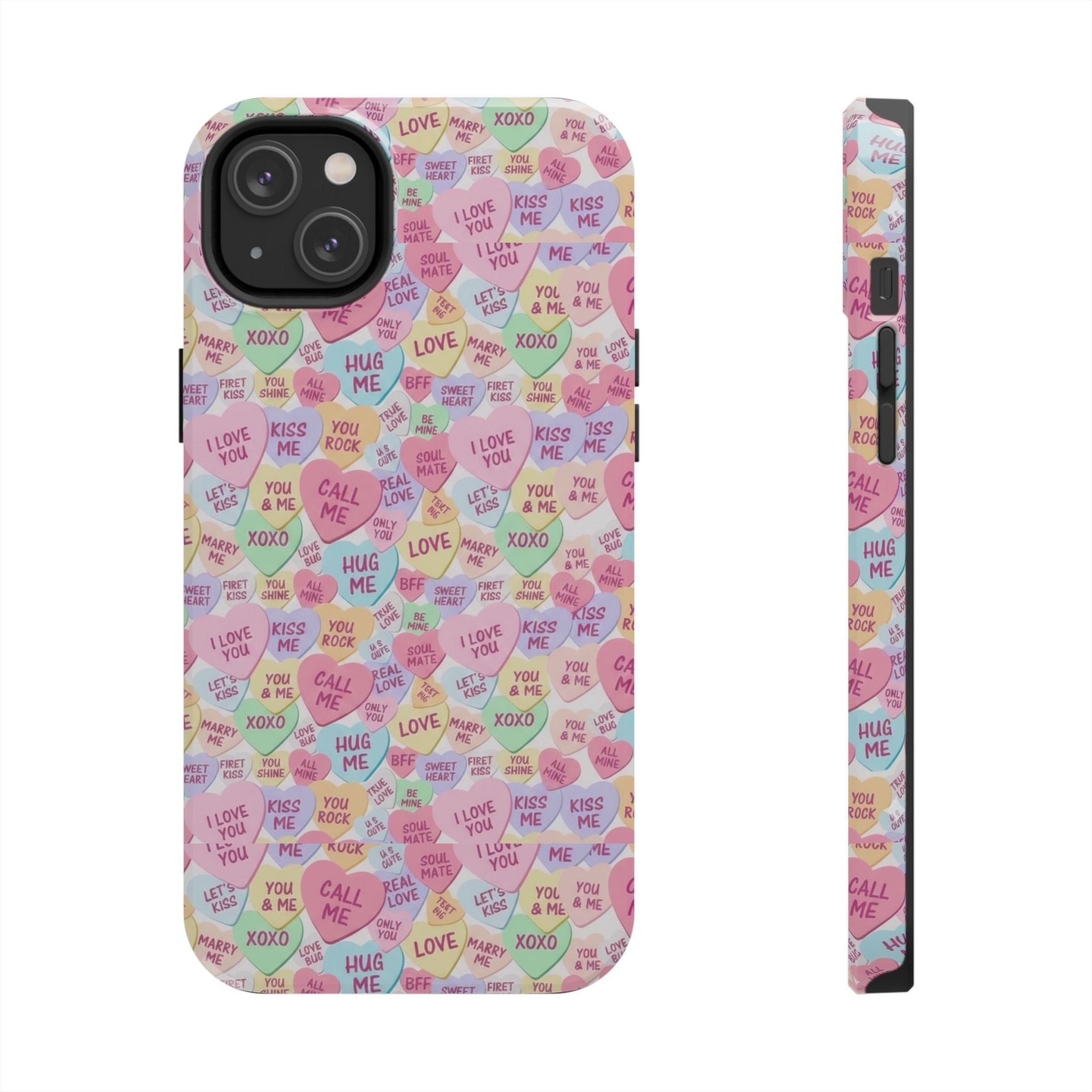 Conversation Heart Pattern Phone Case | Candy Heart Design, Pastel Love Sayings