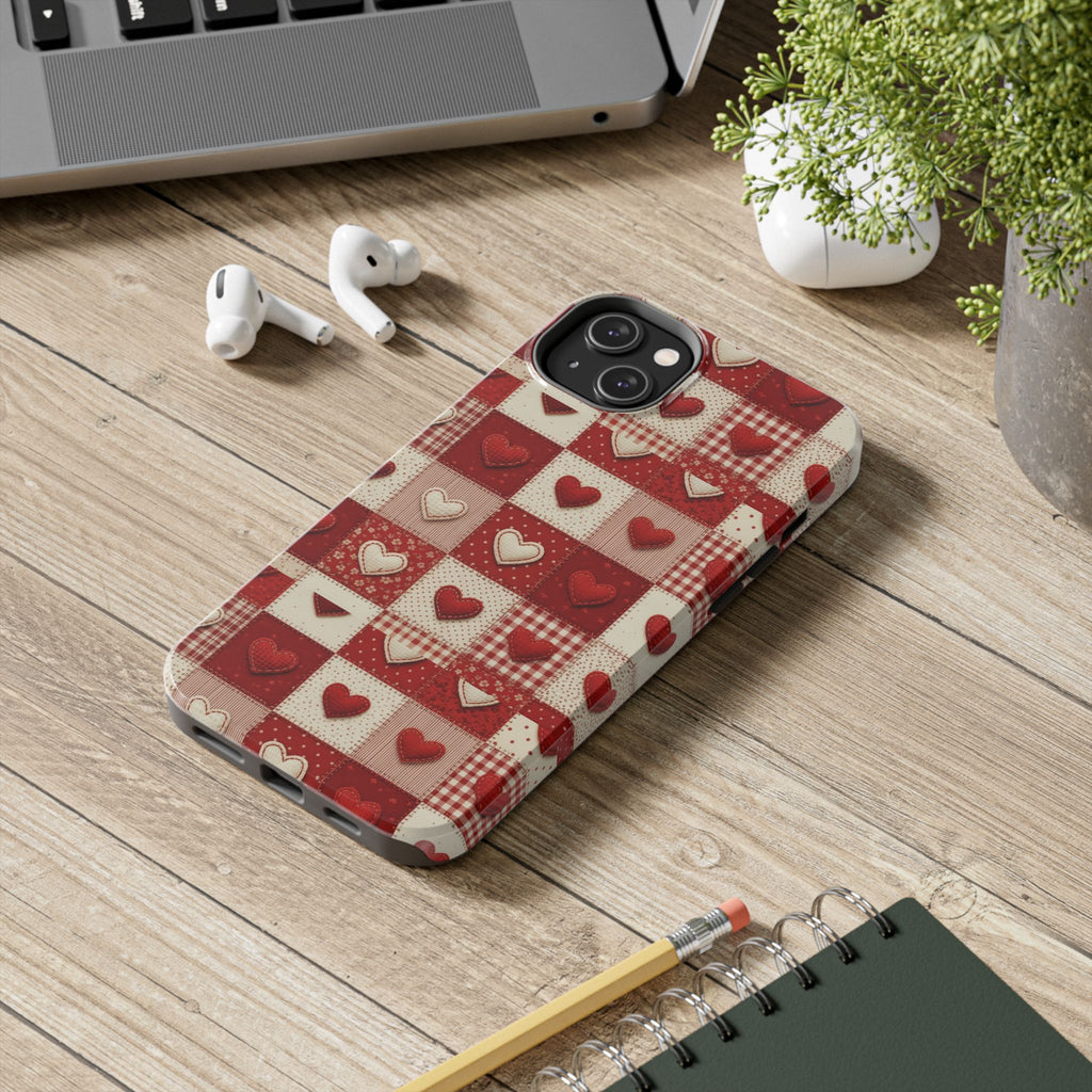 Patchwork Heart Phone Case | Tough Phone Case, Red Valentine Pattern