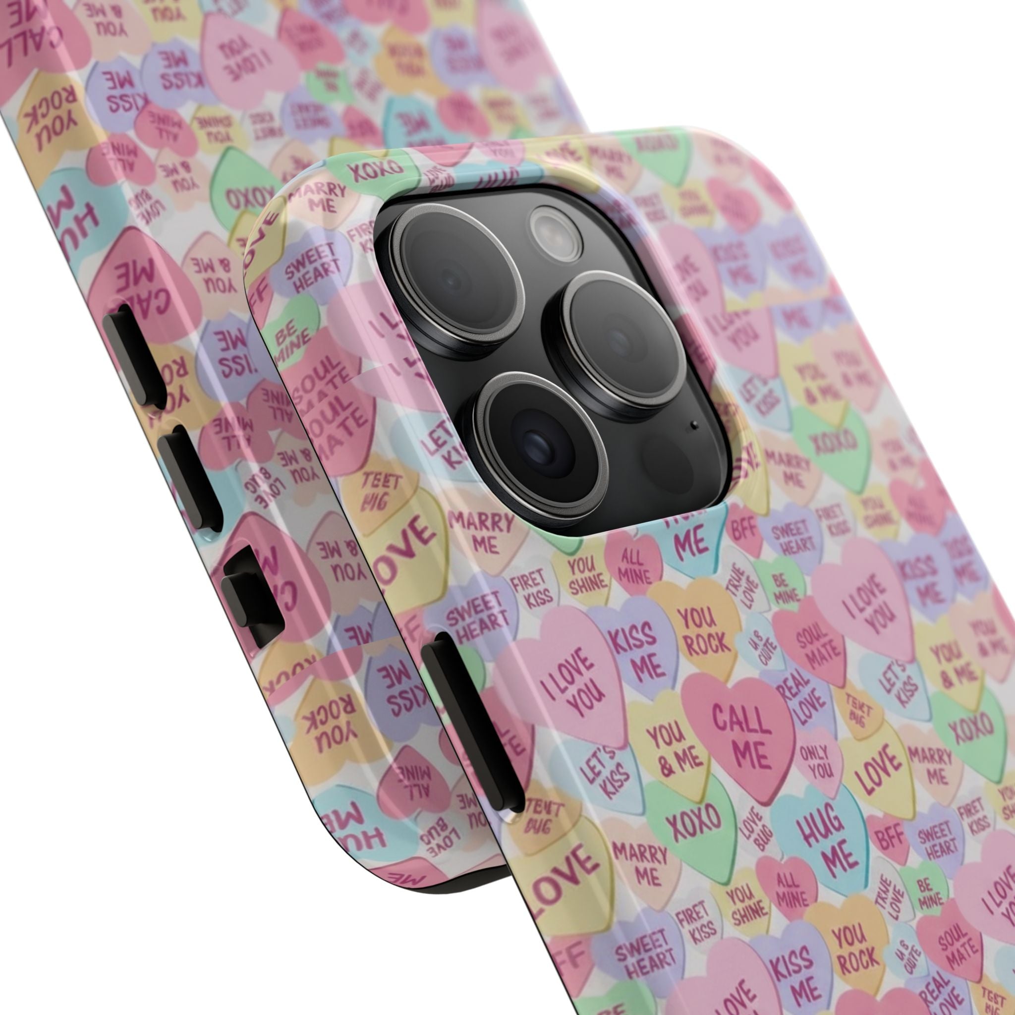 Conversation Heart Pattern Phone Case | Candy Heart Design, Pastel Love Sayings