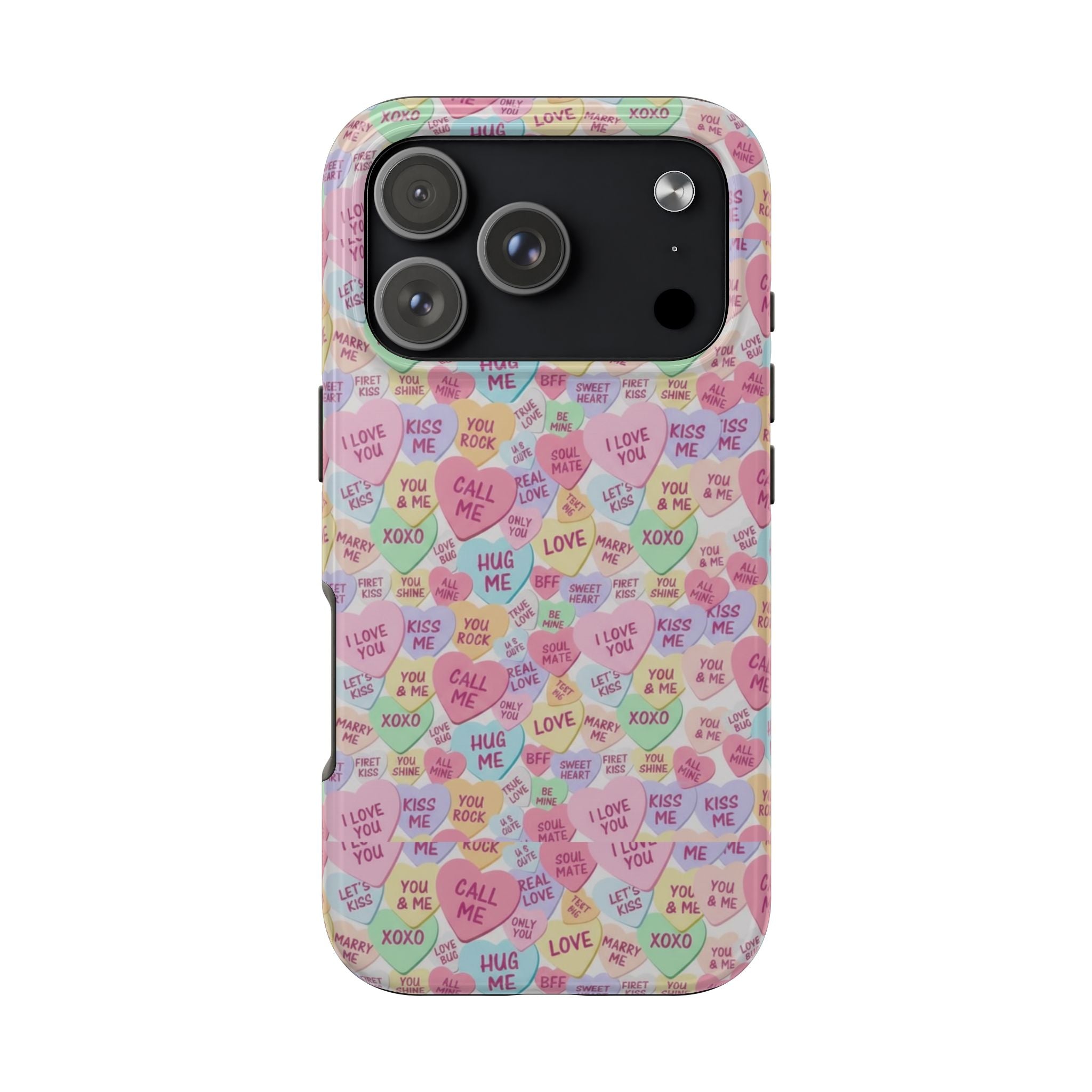 Conversation Heart Pattern Phone Case | Candy Heart Design, Pastel Love Sayings