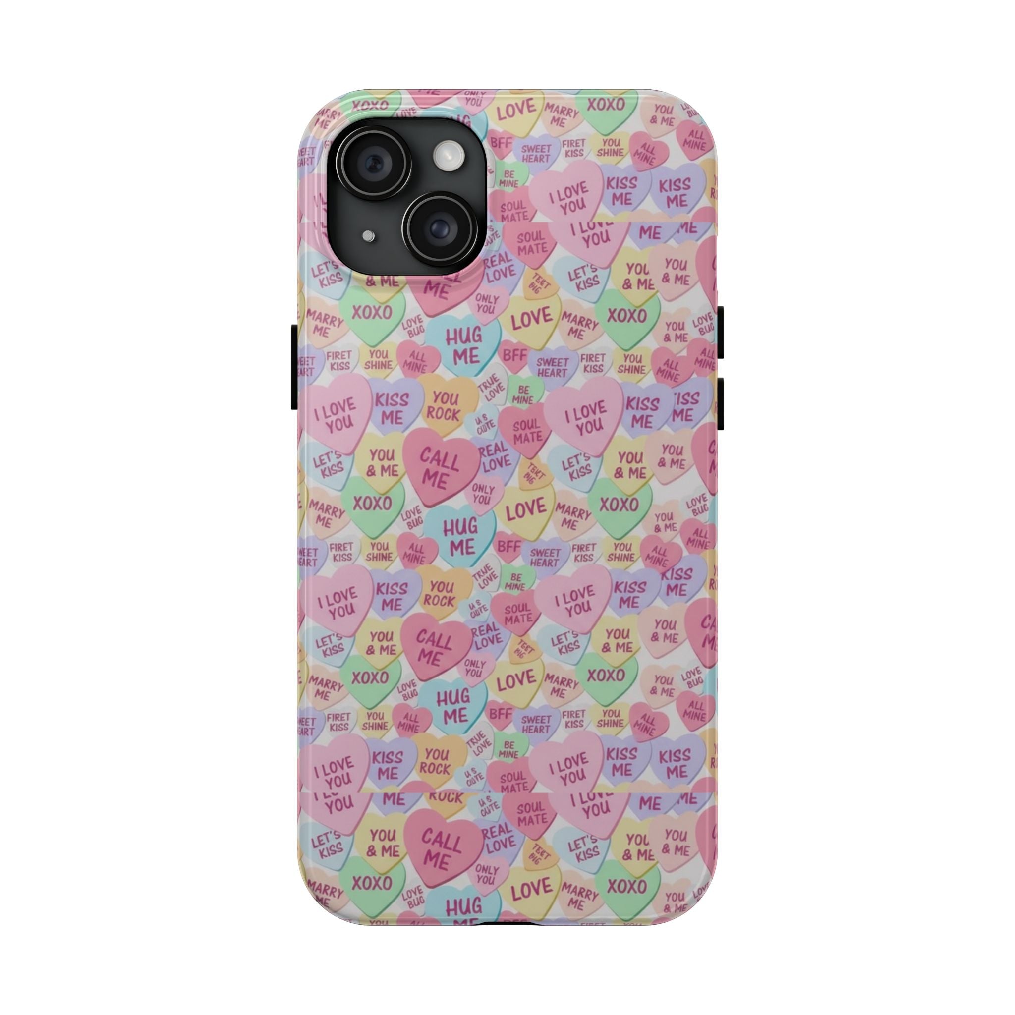 Conversation Heart Pattern Phone Case | Candy Heart Design, Pastel Love Sayings
