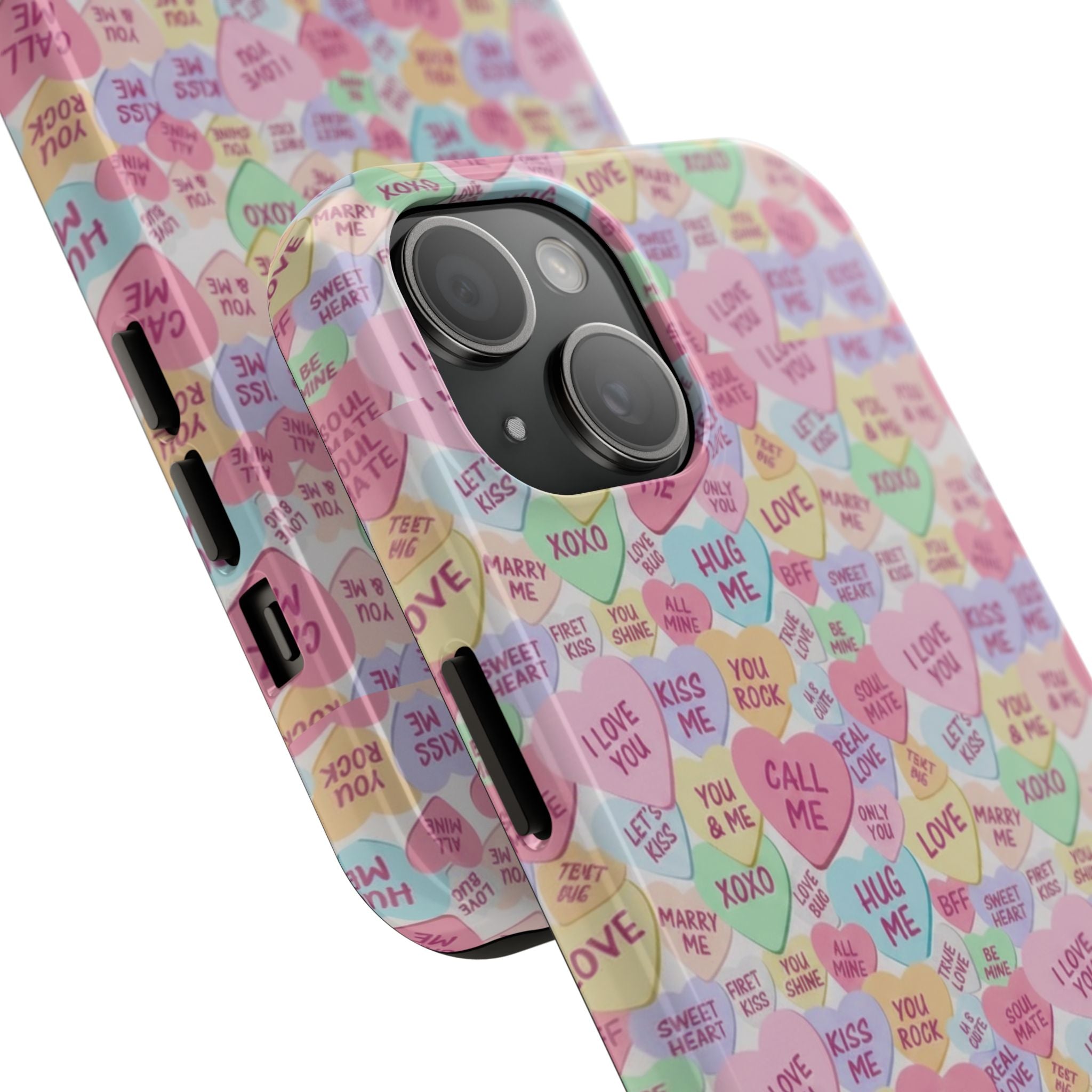 Conversation Heart Pattern Phone Case | Candy Heart Design, Pastel Love Sayings