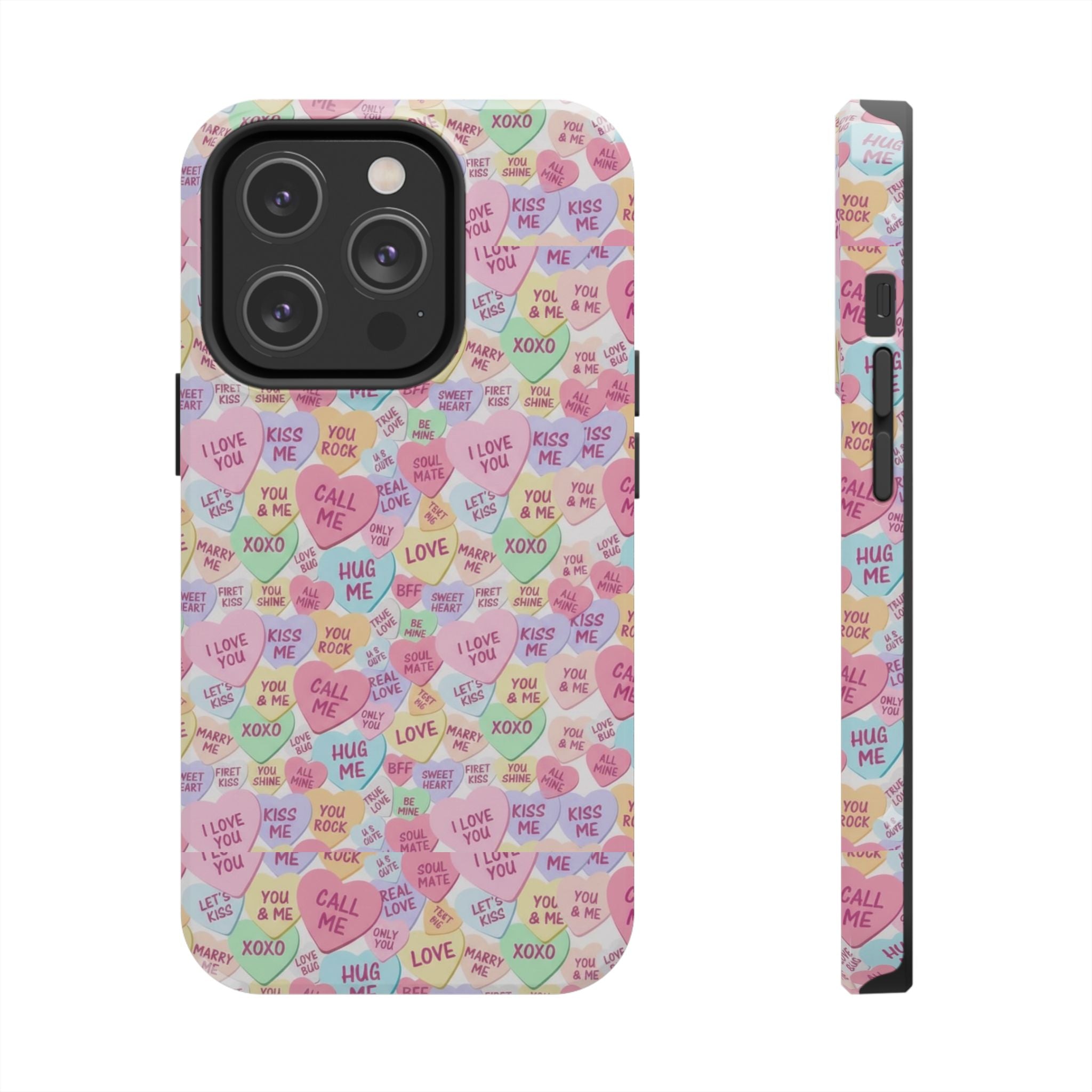 Conversation Heart Pattern Phone Case | Candy Heart Design, Pastel Love Sayings