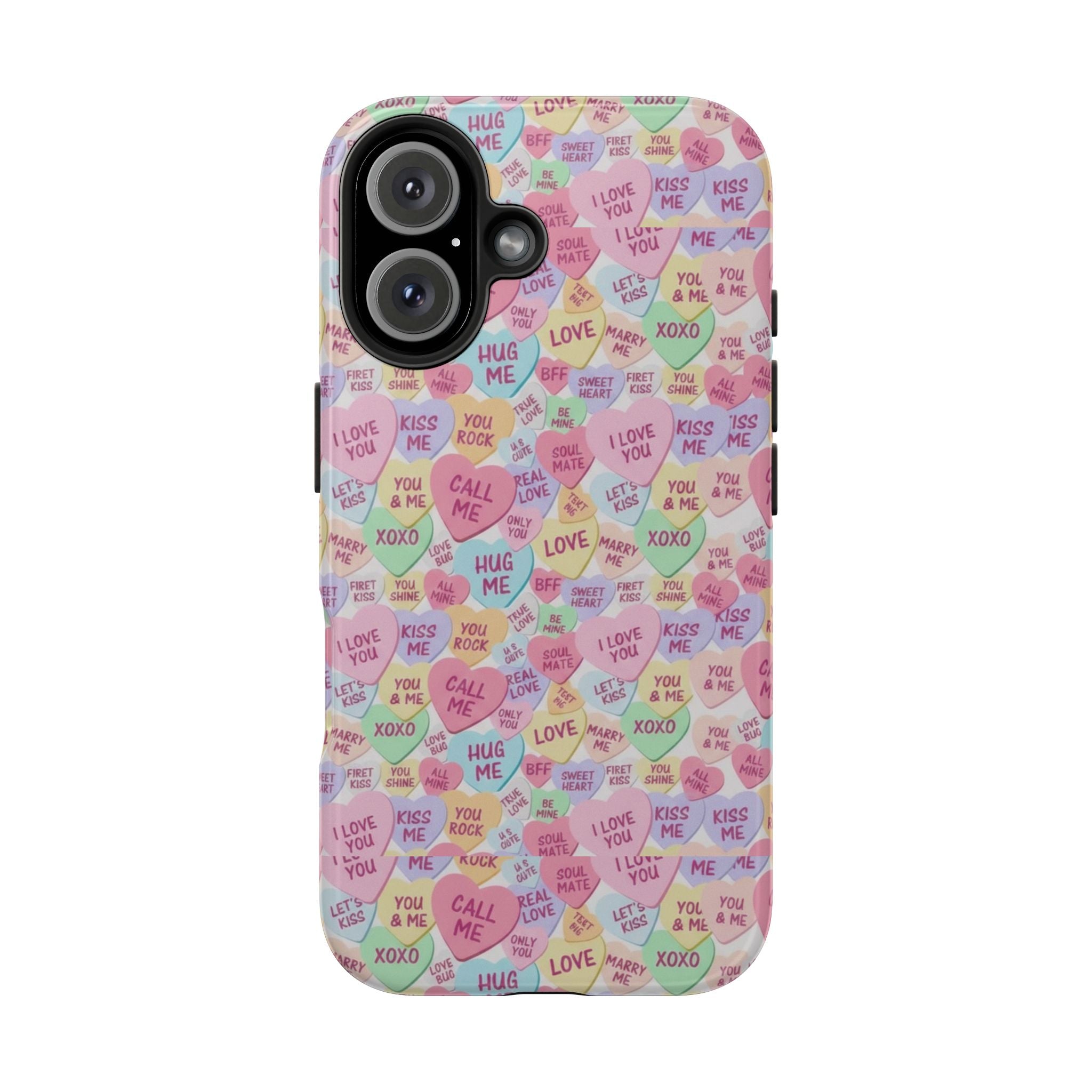 Conversation Heart Pattern Phone Case | Candy Heart Design, Pastel Love Sayings