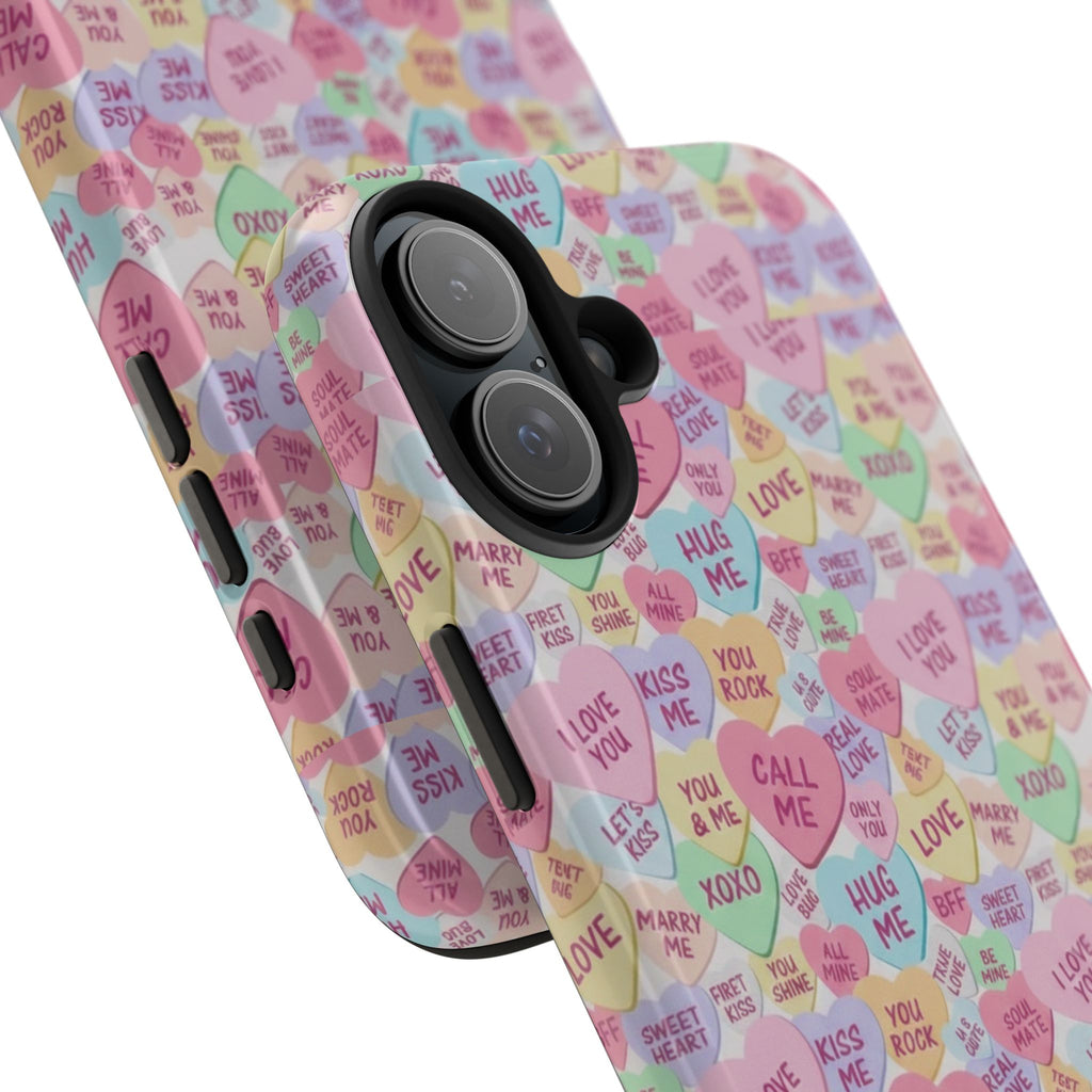 Conversation Heart Pattern Phone Case | Candy Heart Design, Pastel Love Sayings