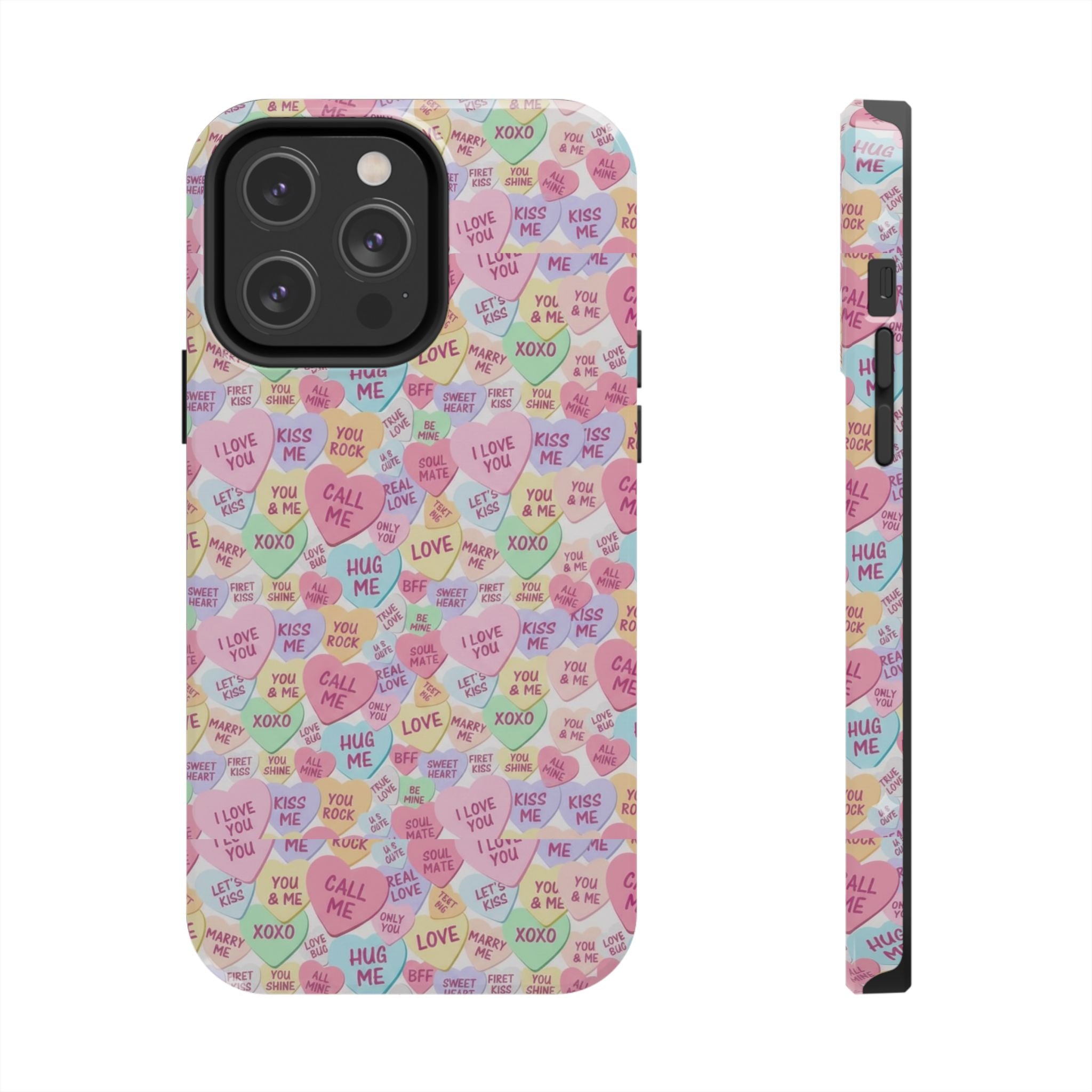 Conversation Heart Pattern Phone Case | Candy Heart Design, Pastel Love Sayings