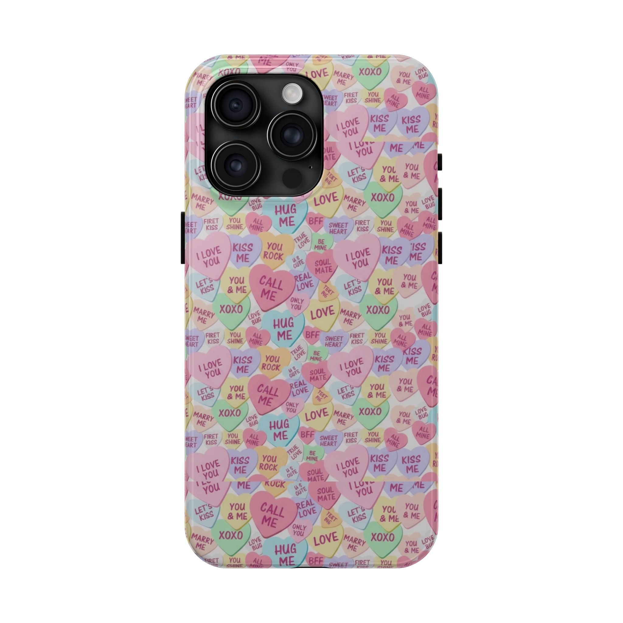 Conversation Heart Pattern Phone Case | Candy Heart Design, Pastel Love Sayings