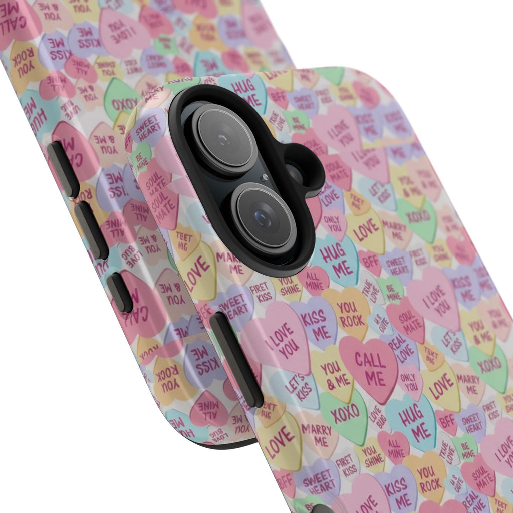 Conversation Heart Pattern Phone Case | Candy Heart Design, Pastel Love Sayings