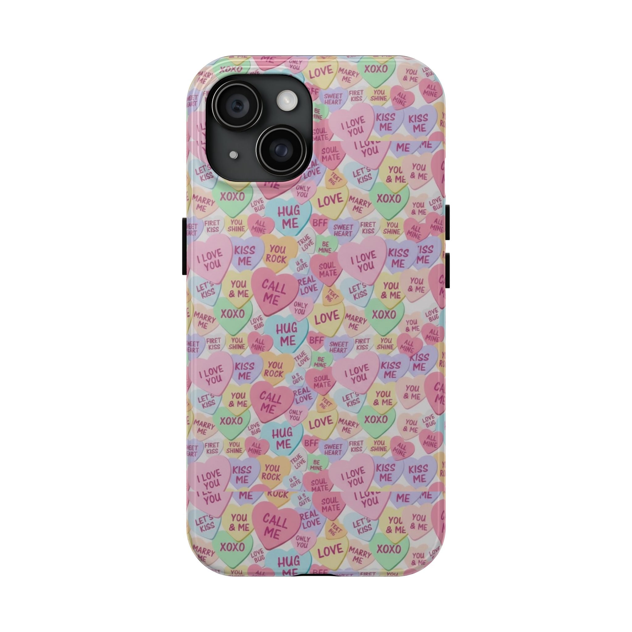 Conversation Heart Pattern Phone Case | Candy Heart Design, Pastel Love Sayings