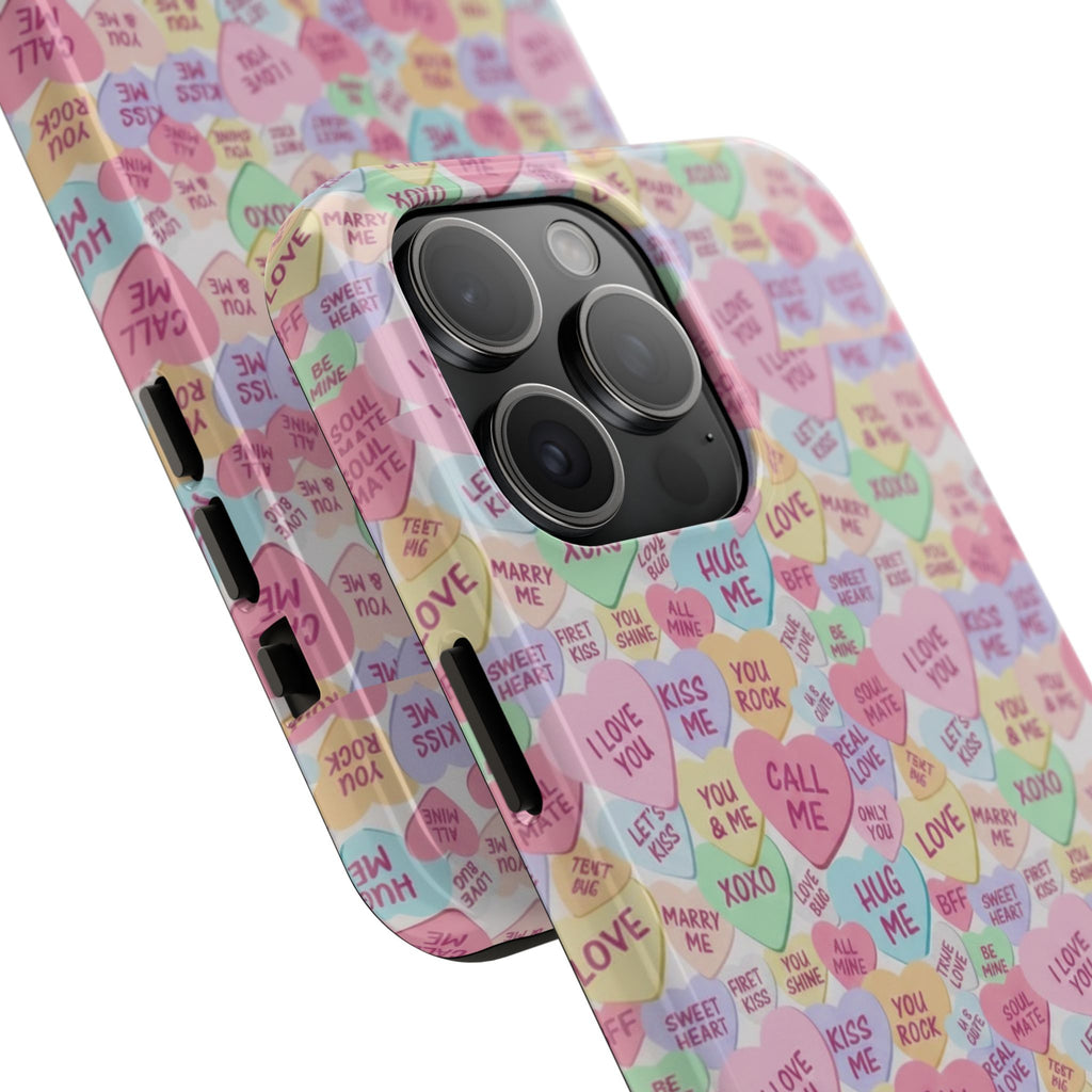 Conversation Heart Pattern Phone Case | Candy Heart Design, Pastel Love Sayings