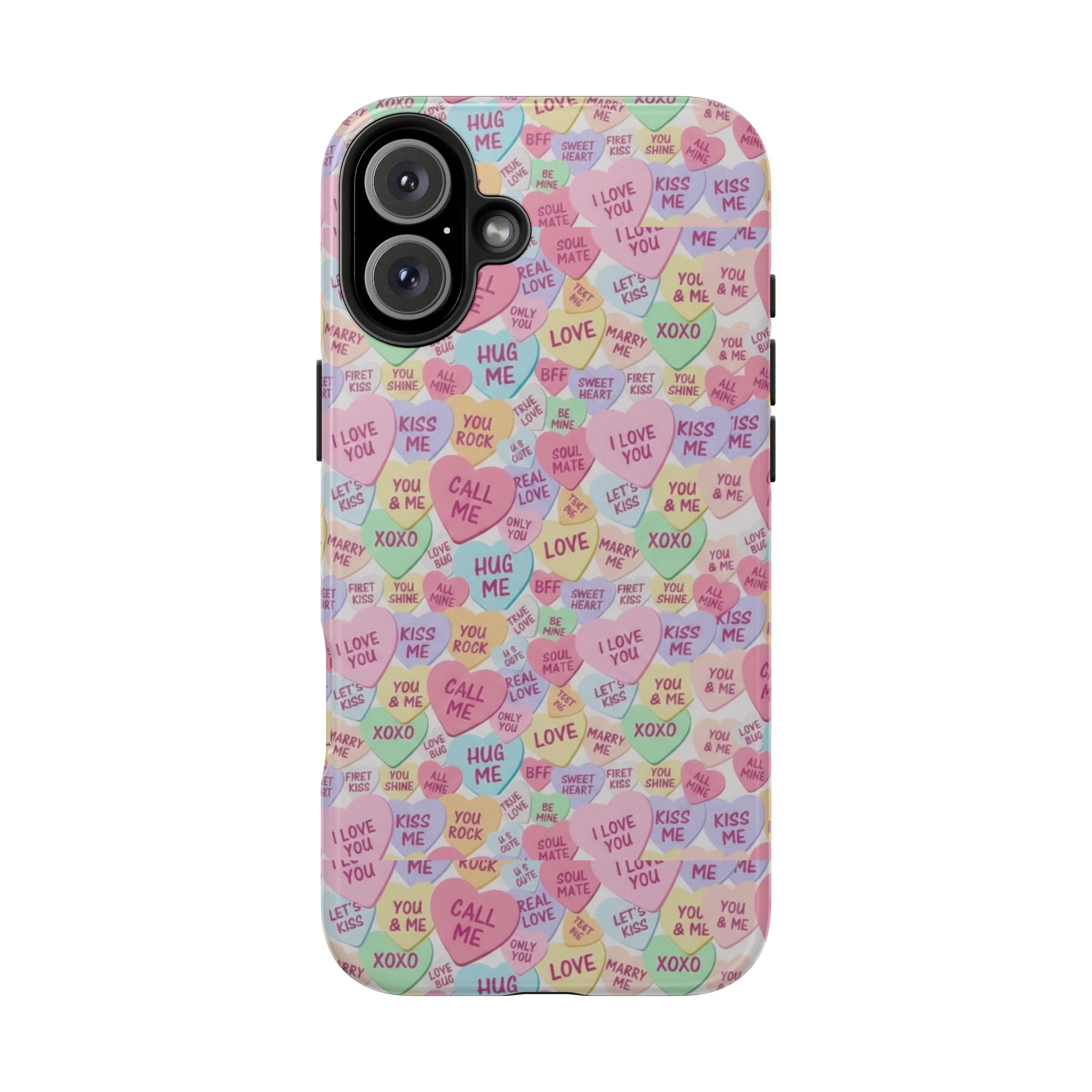 Conversation Heart Pattern Phone Case | Candy Heart Design, Pastel Love Sayings